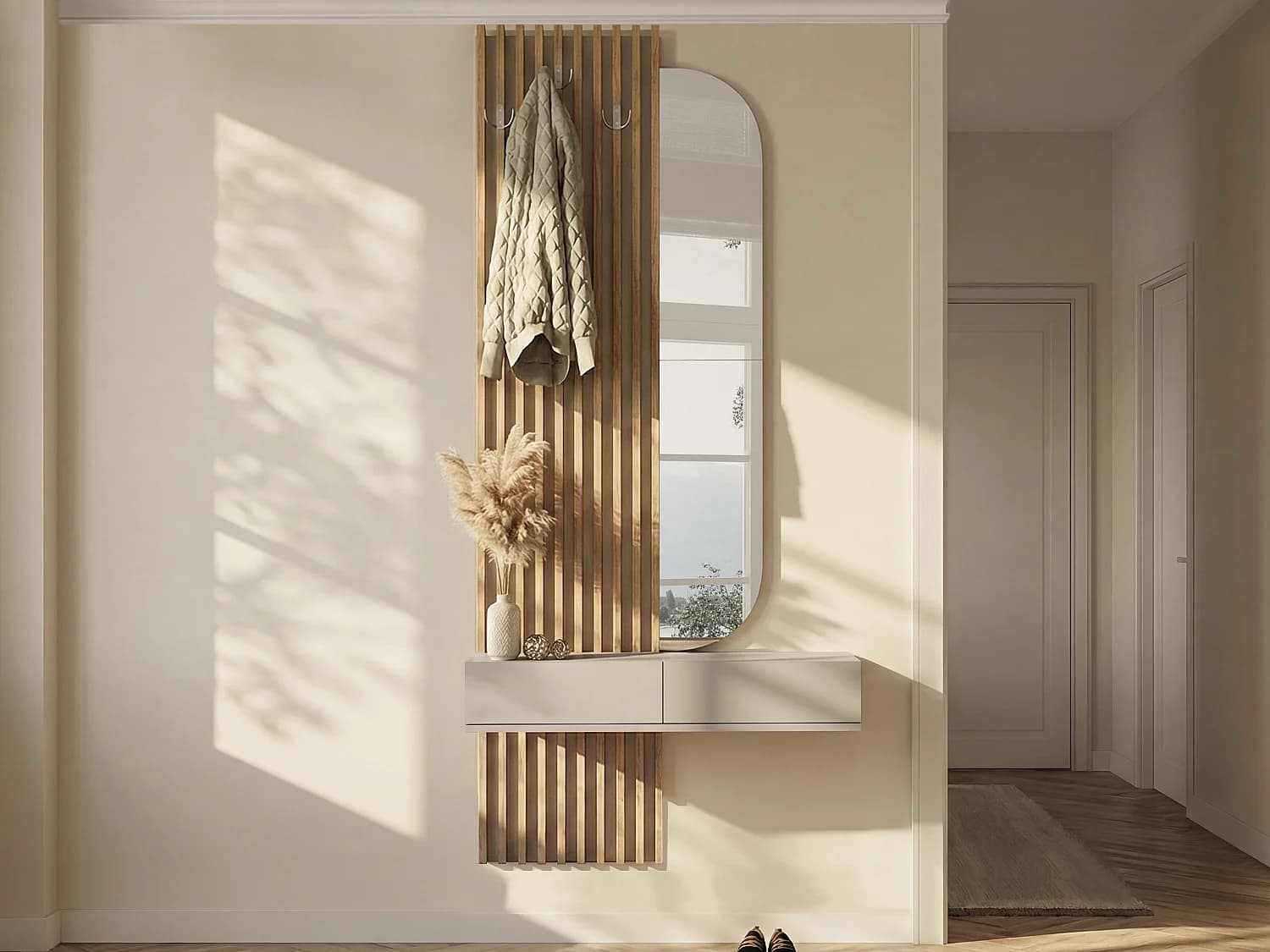 Console suspendue avec miroir, 2 portes et 3 patères - Beige et naturel clair - MERYDA