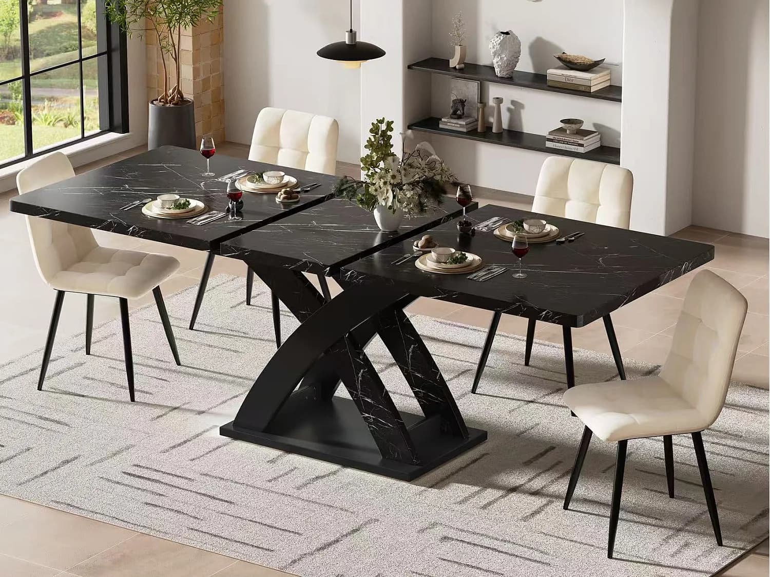 Table à manger extensible 120-160x80x75cm - 6 à 8 personnes - MDF + métal - Noir