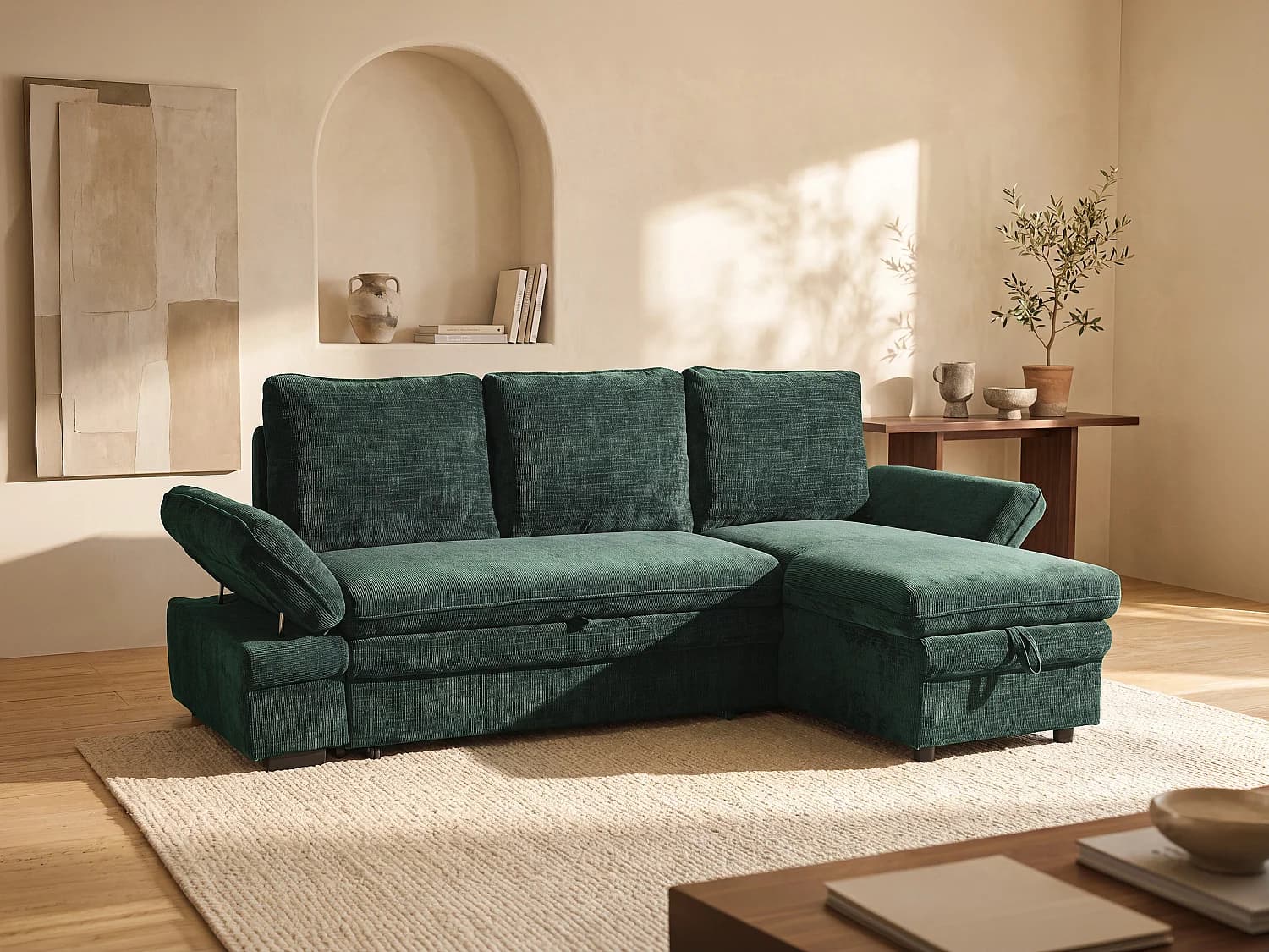 Canapé d'angle convertible et réversible en tissu chenille vert SIVIARA