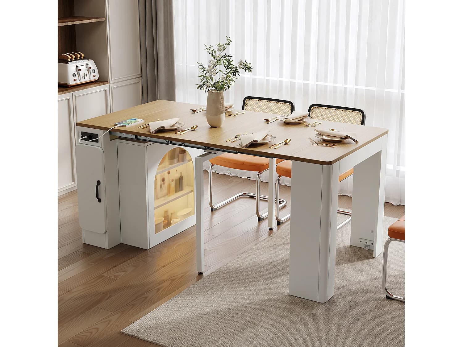 Table à manger extensible avec plateau amovible - 83 x 39.6/79.6/149.6 x 77 cm - avec rangement - MDF + verre - naturel + blanc