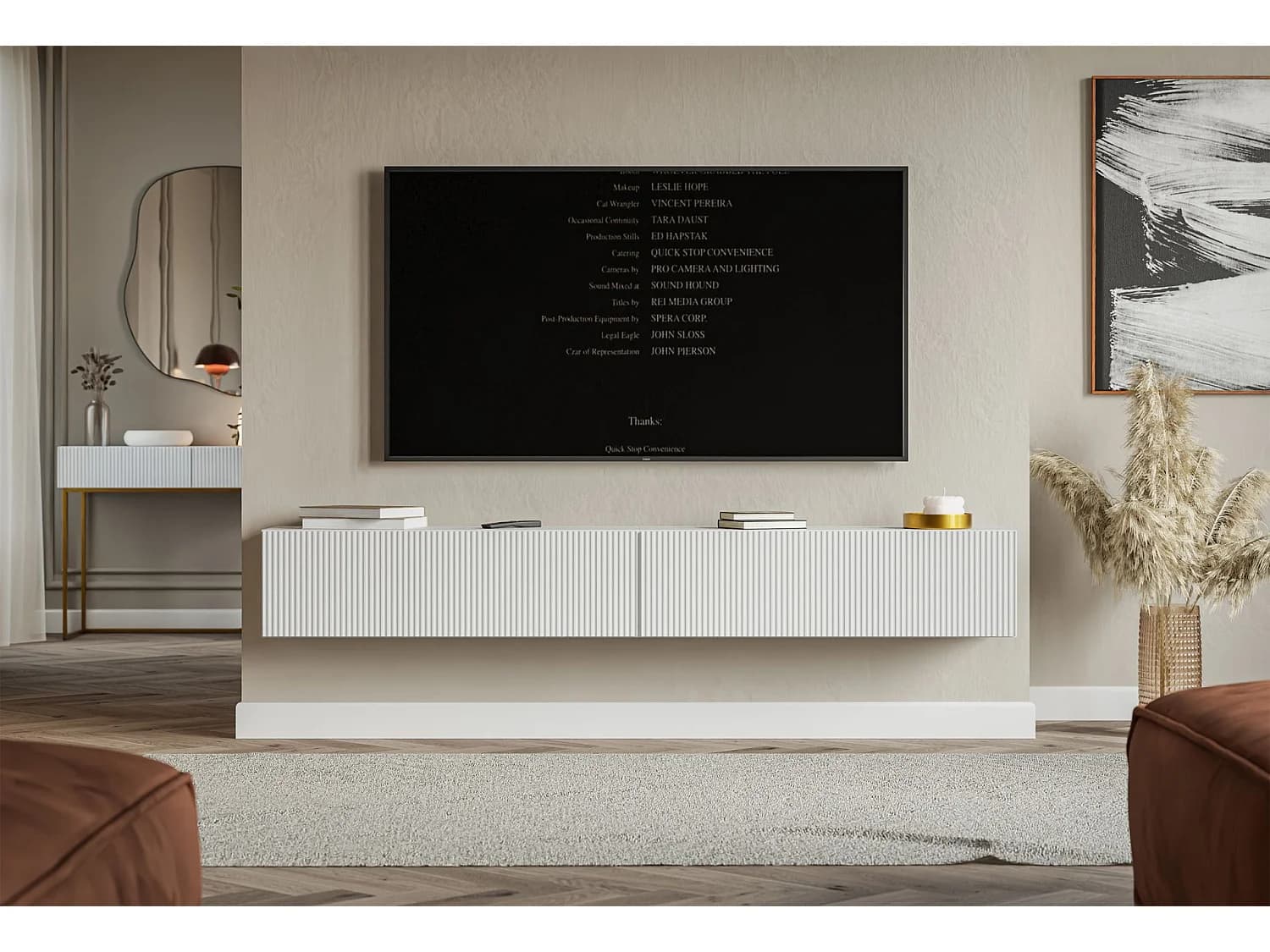 Meuble TV mural avec façades à lamelles rainurées – 2 portes – blanc – 200 cm – VELDIO