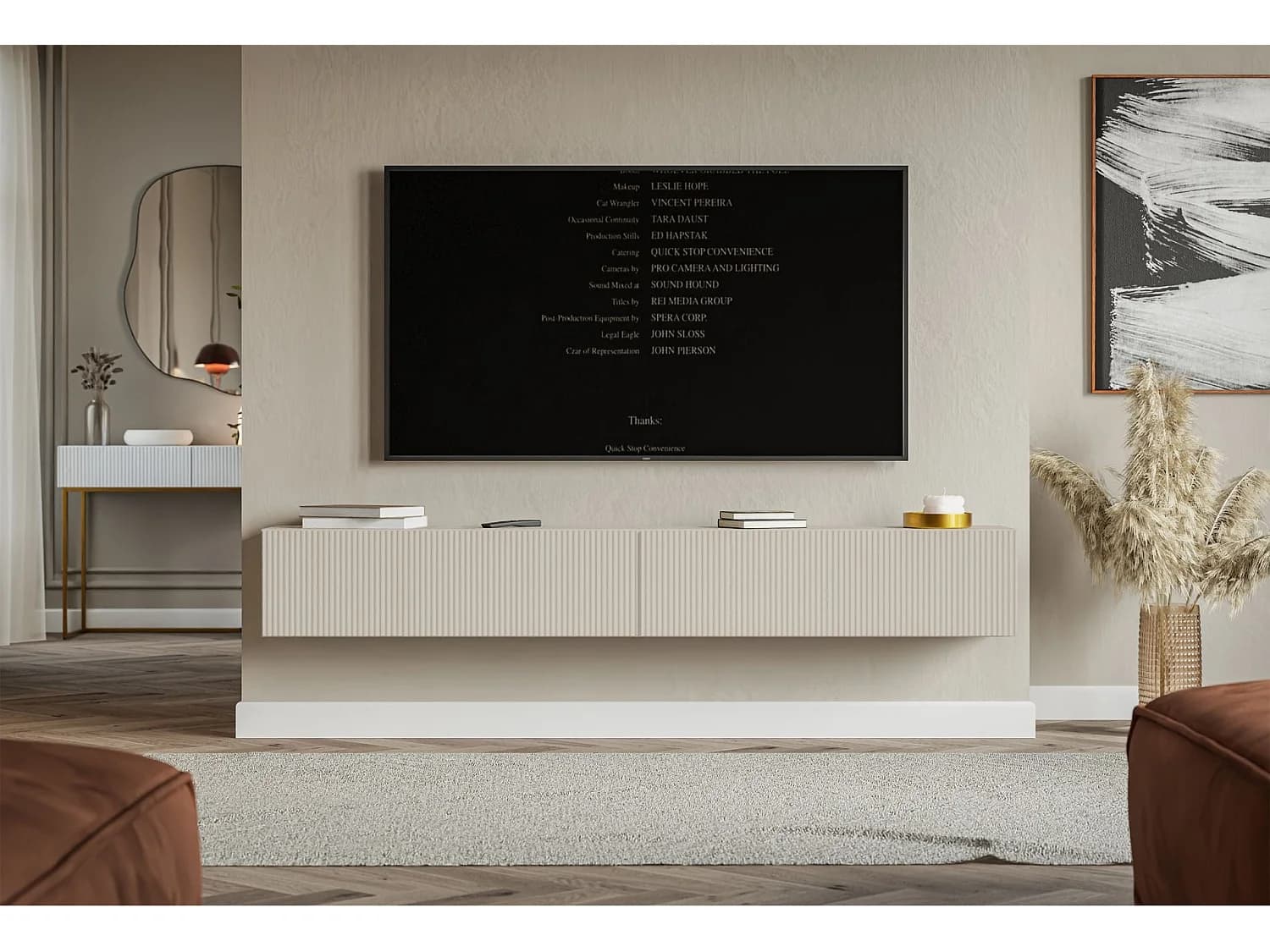 Meuble TV mural avec façades à lamelles rainurées – 2 portes – beige gris – 200 cm – VELDIO