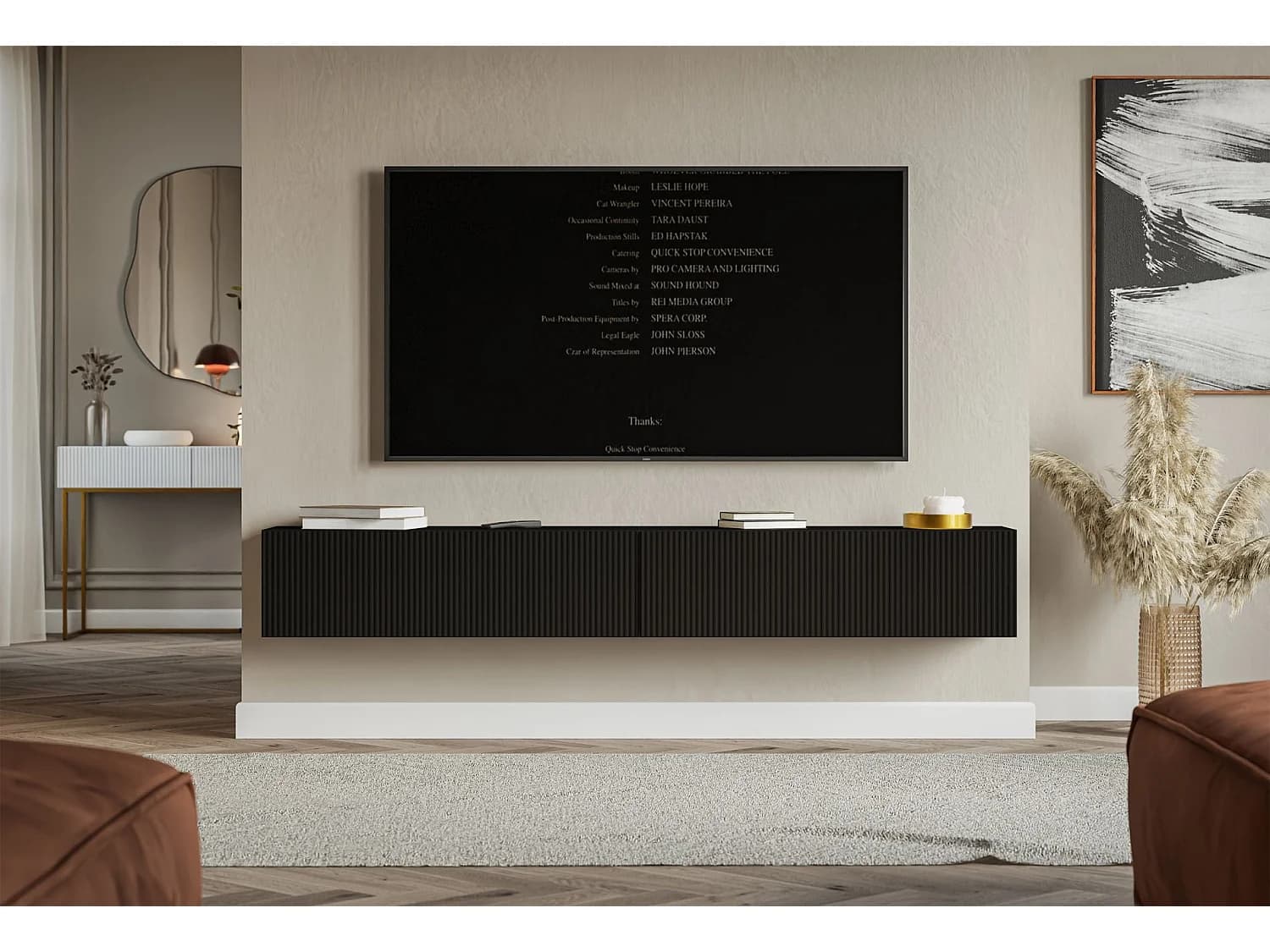 Meuble TV mural avec façades à lamelles rainurées – 2 portes – noir – 200 cm – VELDIO