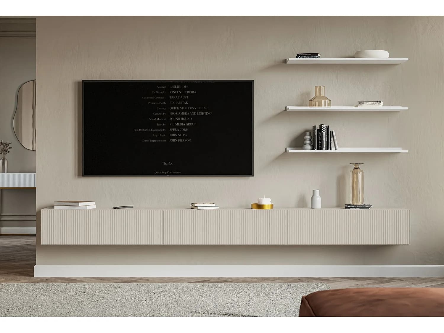Meuble TV mural avec façades à lamelles rainurées – 3 portes – beige gris – 300 cm – VELDIO