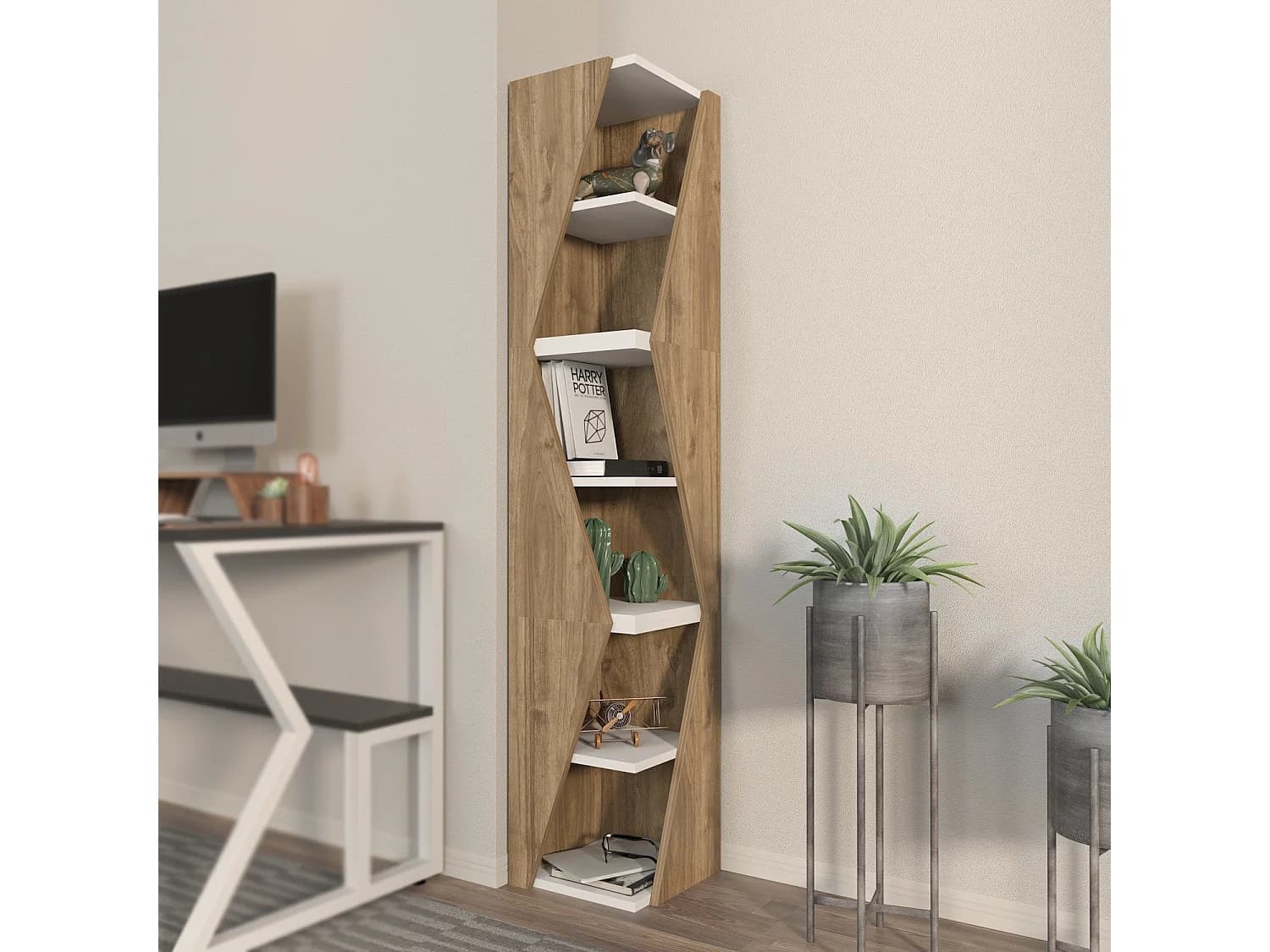 Étagère élégante en noyer et blanc, hauteur 165 cm, largeur 31,8 cm | Panneau de particules 100 % mélaminé, épaisseur 18 mm | Rangement élég