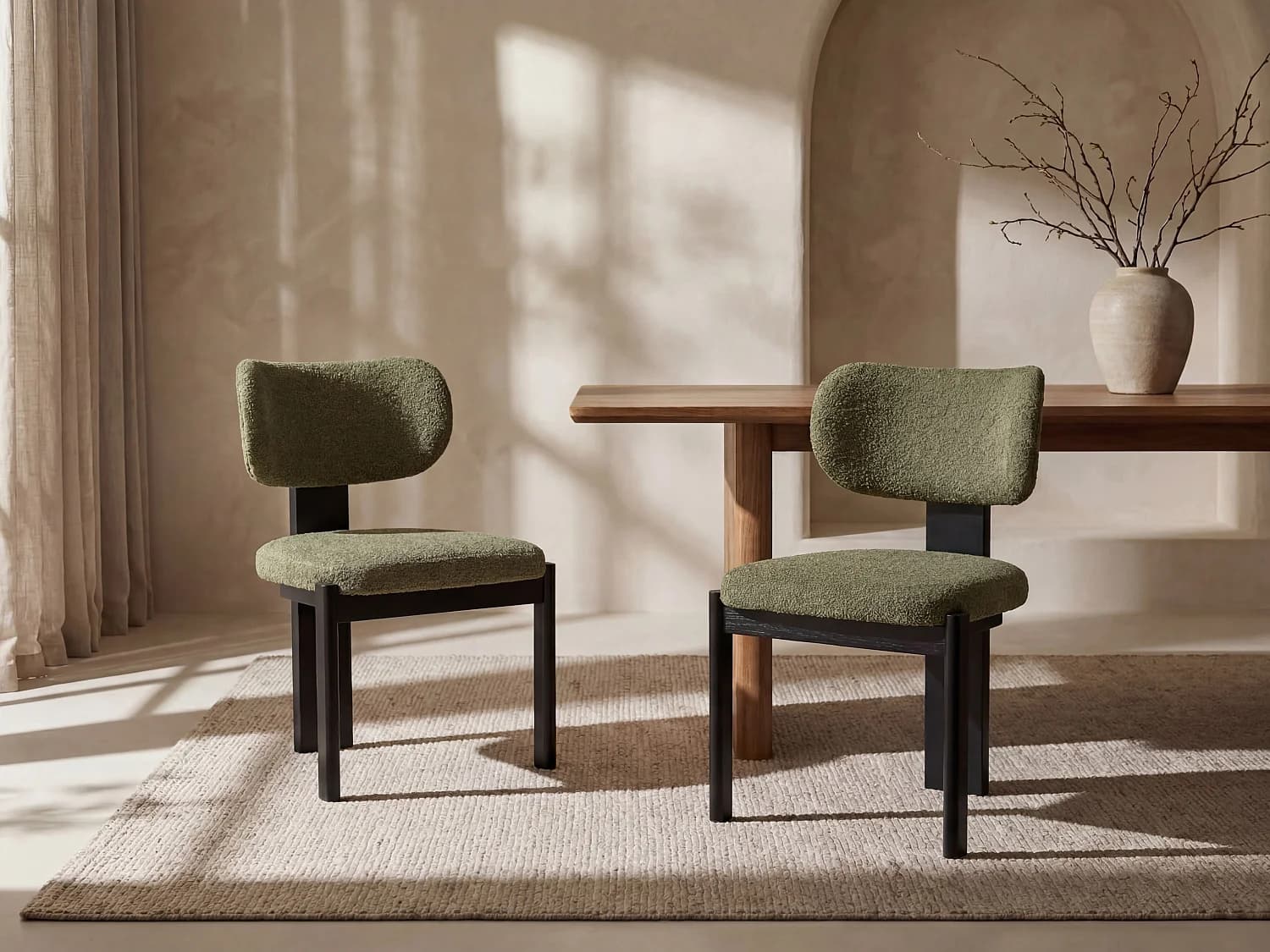 Lot de 6 chaises en tissu bouclette et bois d'hévéa noir - Kaki - WILANA