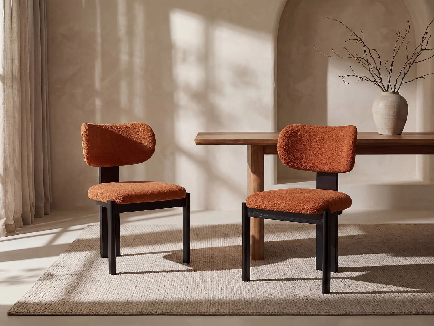 Lot de 6 chaises en tissu bouclette et bois d'hévéa noir - Terracotta - WILANA