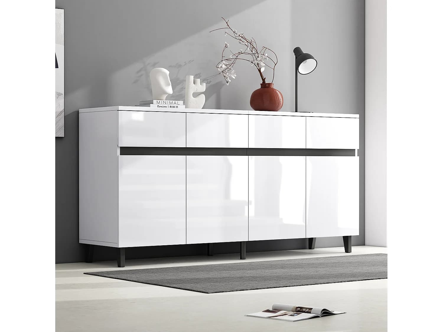 Buffet bas avec 4 portes et 4 tiroirs - 160 x 40 x 68 cm - Panneau de particules - Etagères réglables - Blanc brillant