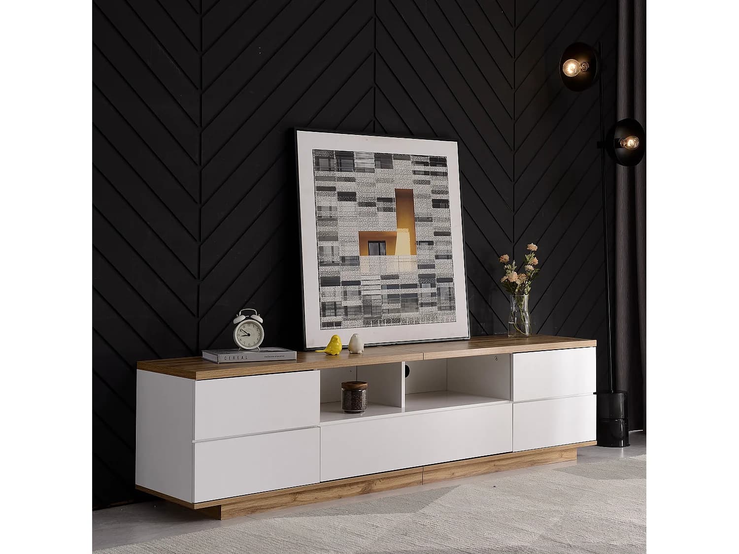 Meuble TV 180 cm - 5 portes et 2 niches - MDF - placage naturel et blanc