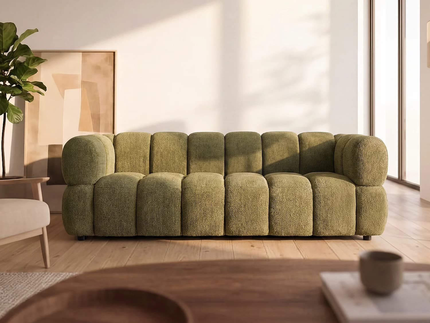 Canapé 3 places en tissu texturé vert kaki PAVIRA