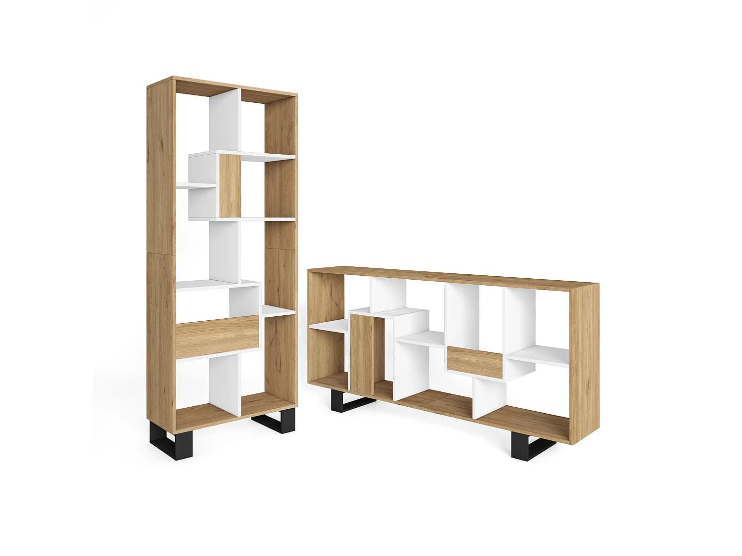 Étagère Bibliothèque, 67x31x174, Design industriel, Chêne et blanc