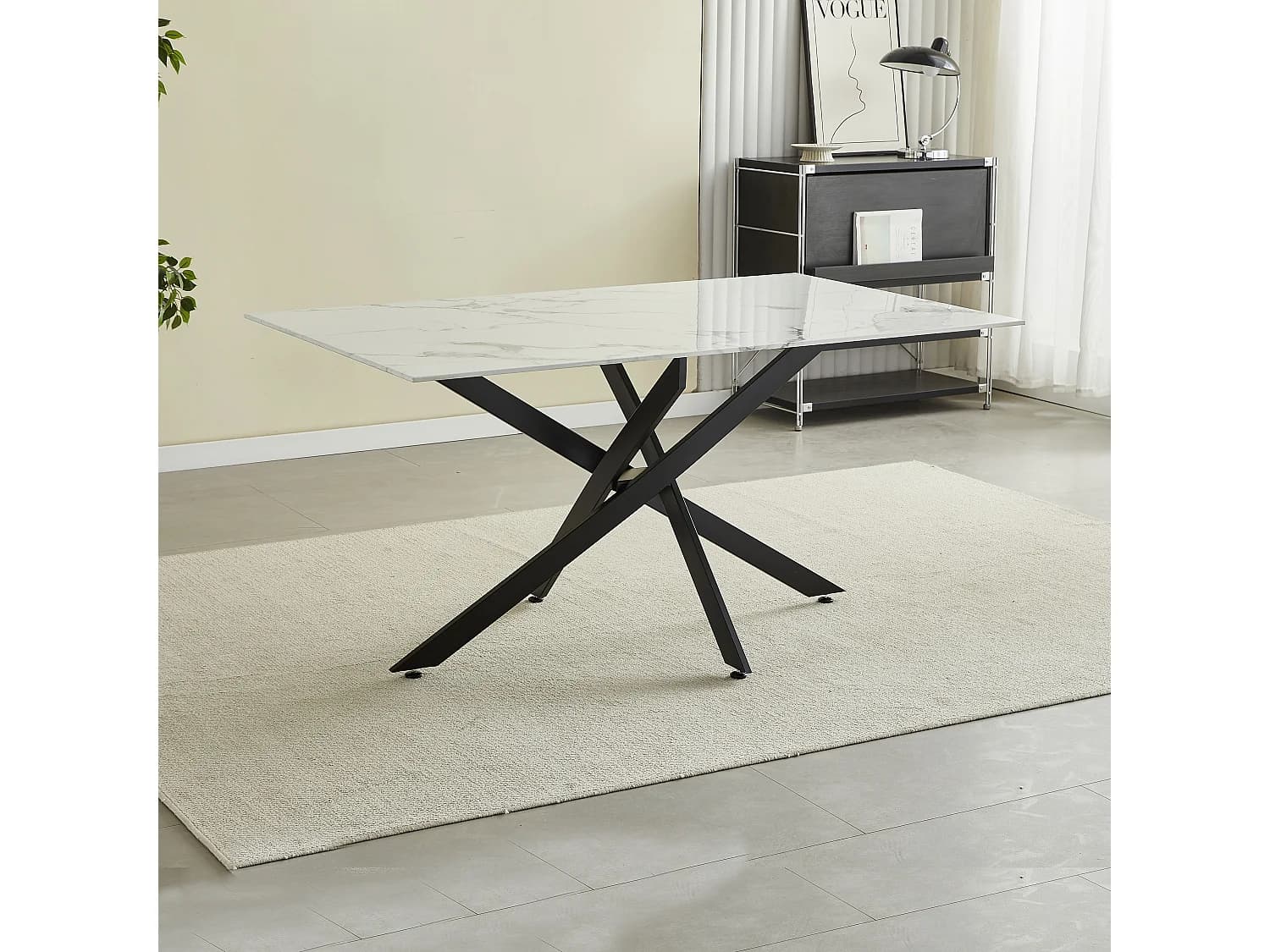 Table à manger rectangulaire en verre trempé - Effet marbre blanc et métal noir – 6 personnes – CHIARA