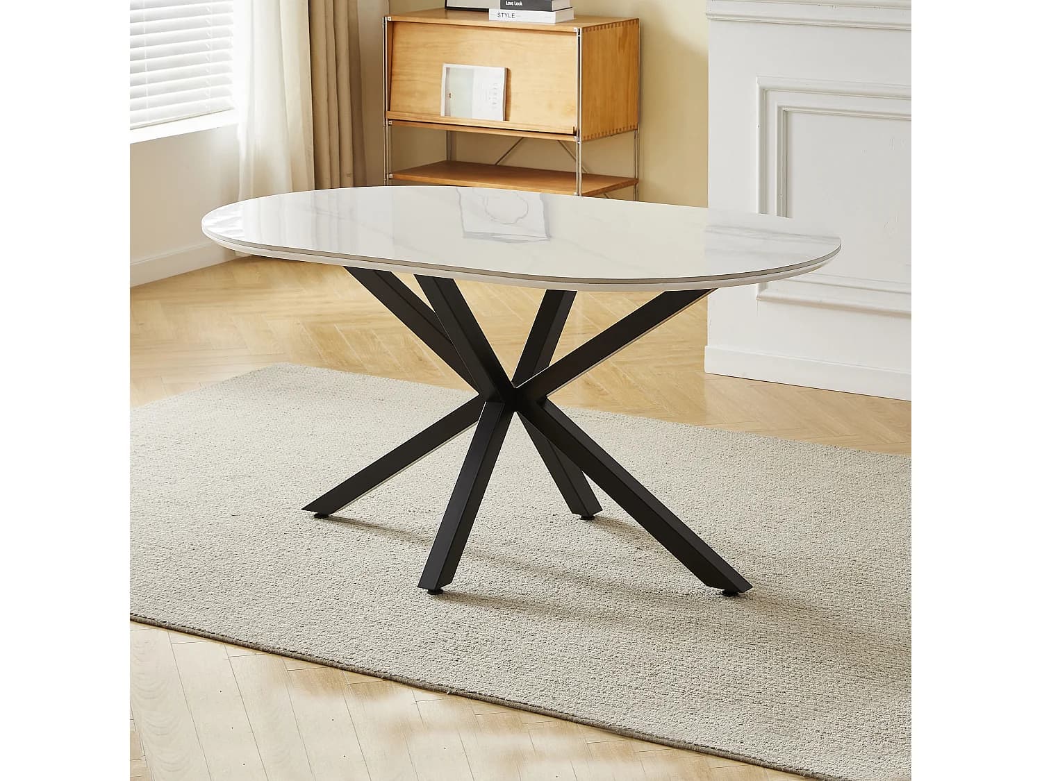 Table à manger LUCIA - 6 personnes - Plateau en céramique effet marbre blanc - Pieds en métal noir