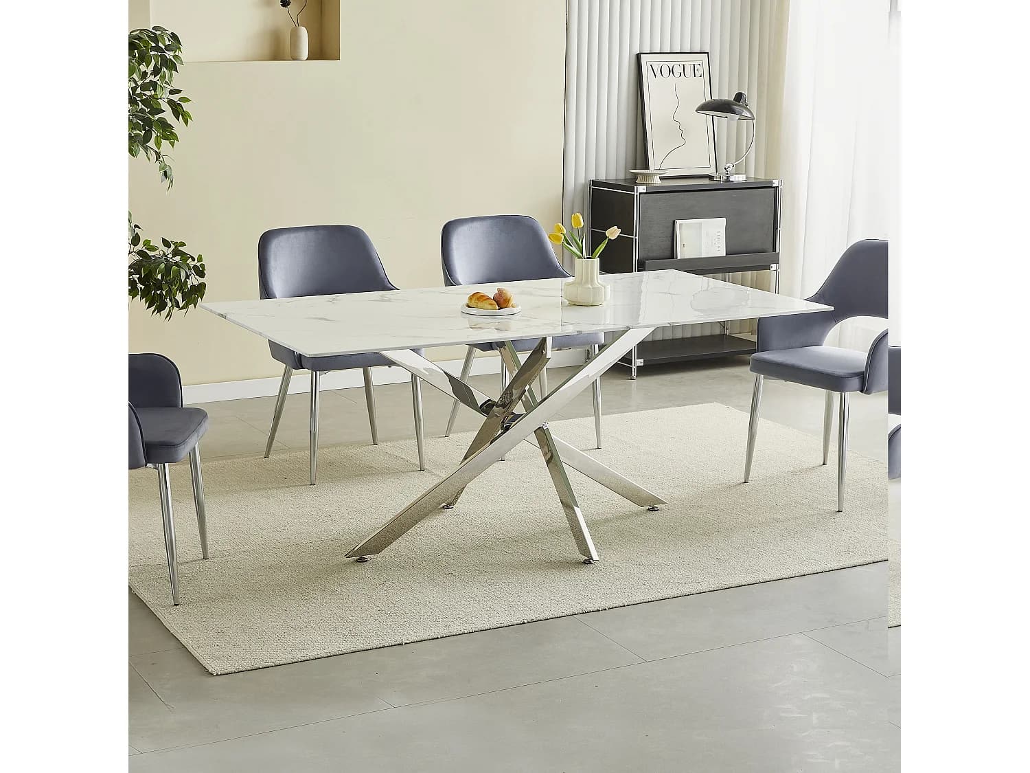 Table à manger rectangulaire en verre trempé - Effet marbre blanc et métal chromé – 8 personnes – CHIARA