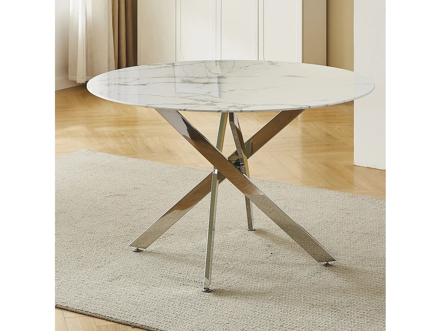 Table à manger ronde en verre trempé - Effet marbre blanc et métal chromé – 4 personnes – CHIARA