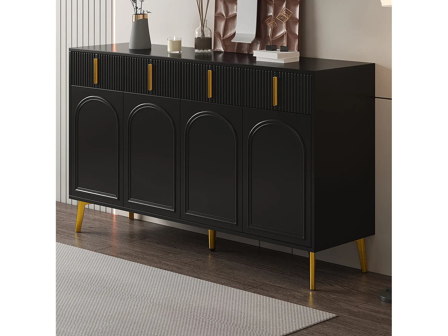 Buffet 140x38x82 cm avec tiroirs et séparateurs réglables Matériau MDF en noir pour salon et cuisine