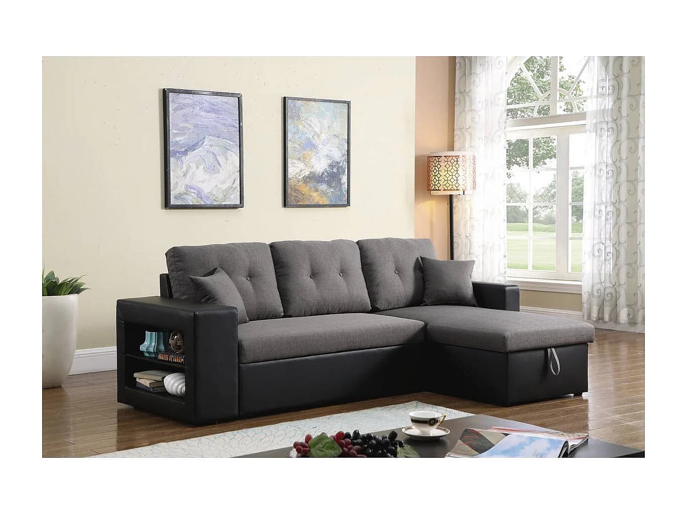 Canapé d'angle convertible/réversible "Axel" - 3 places - Noir/Gris