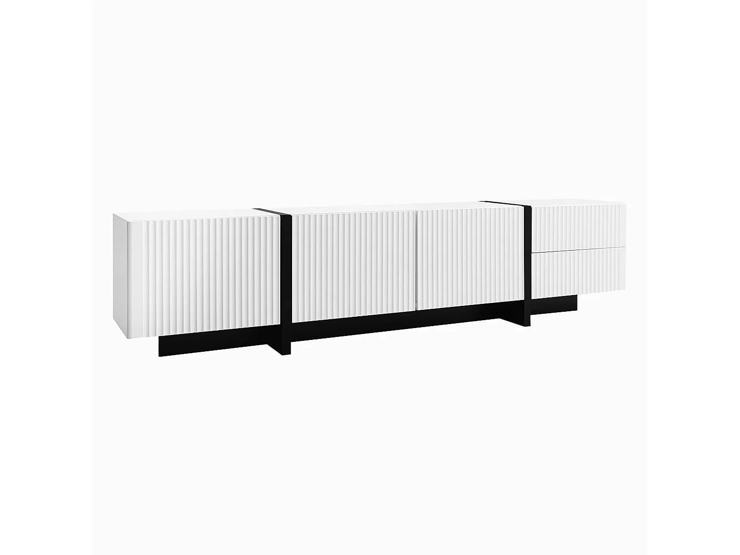 Meuble TV 190x35x45 cm, 3 portes et 2 tiroirs, charnières amorties, MDF et panneaux de particules, noir et blanc