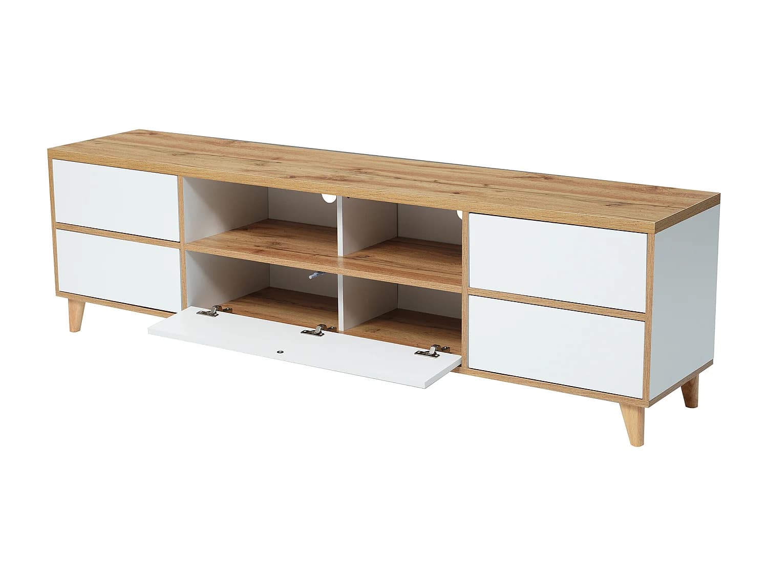 Meuble TV 175x37x51 cm, rangement avec portes et étagères intérieures, pieds en bois, MDF, blanc