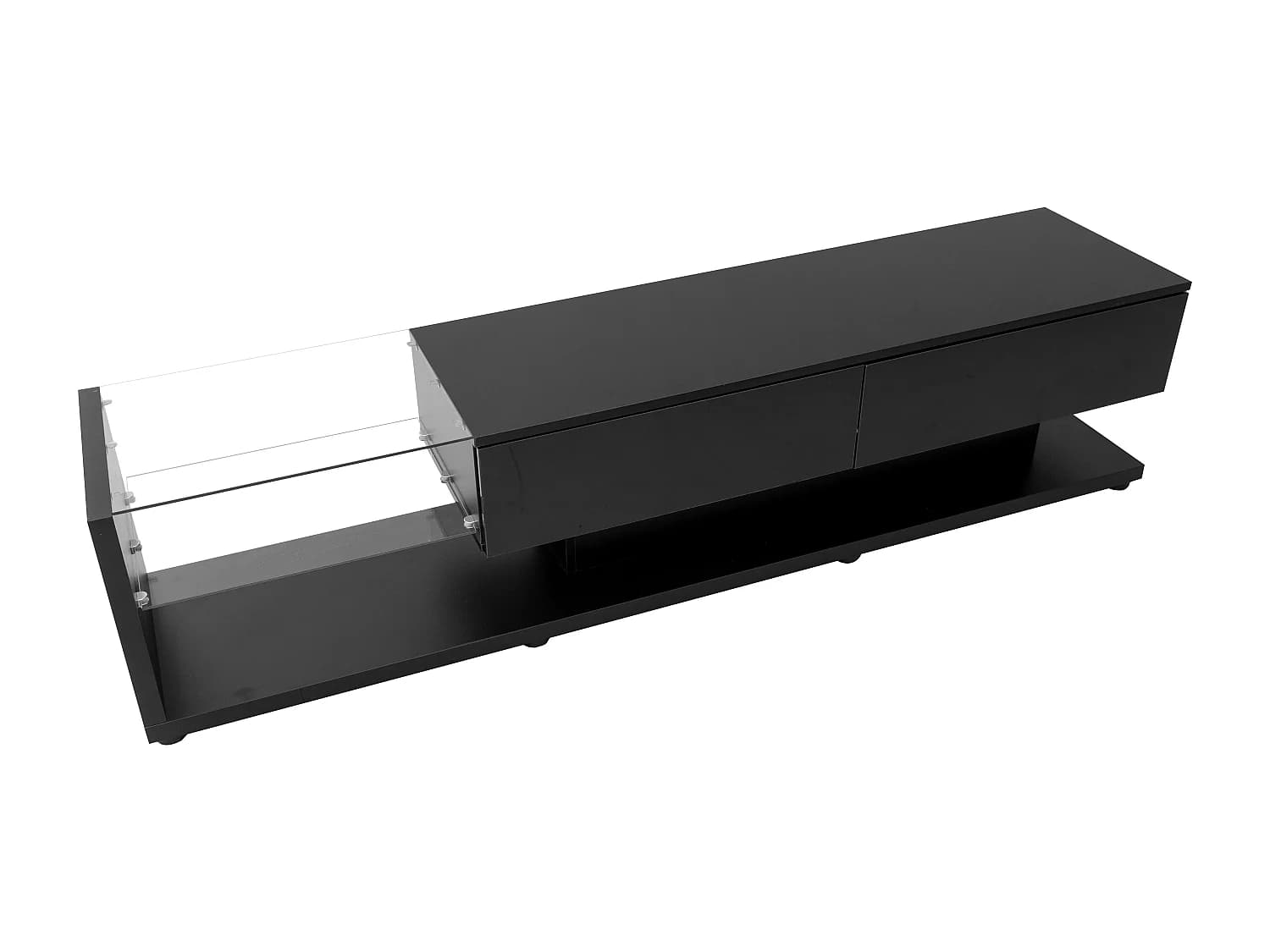 Meuble TV 170x36x38 cm, 2 tiroirs, 2 étagères en verre, LED multicolore, panneaux de particules noir brillant