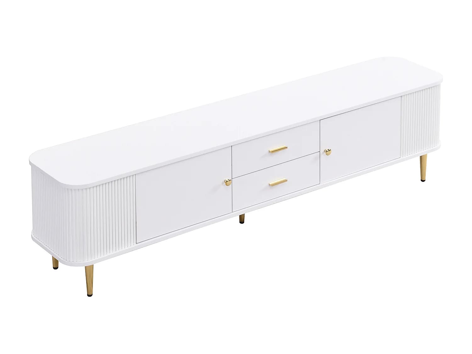 Meuble TV 170x34x45 cm, coins arrondis, 2 tiroirs et 2 portes, ouverture fluide, MDF, blanc