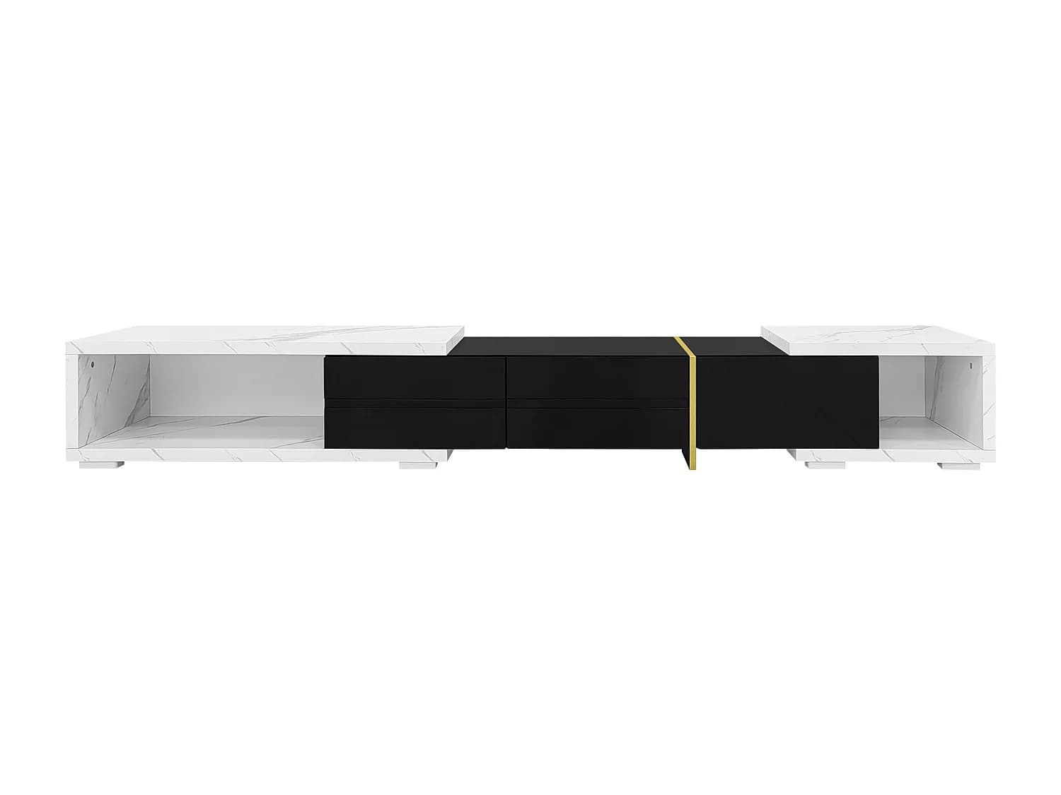 Meuble TV extensible 140x40x40 cm, pivotant, grande capacité de rangement, MDF et panneau de particules, noir et effet marbre blanc