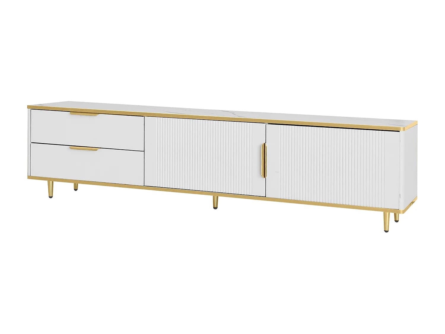 Meuble TV 175x40x45 cm, grand espace de rangement, portes sculptées, panneau de particules, blanc