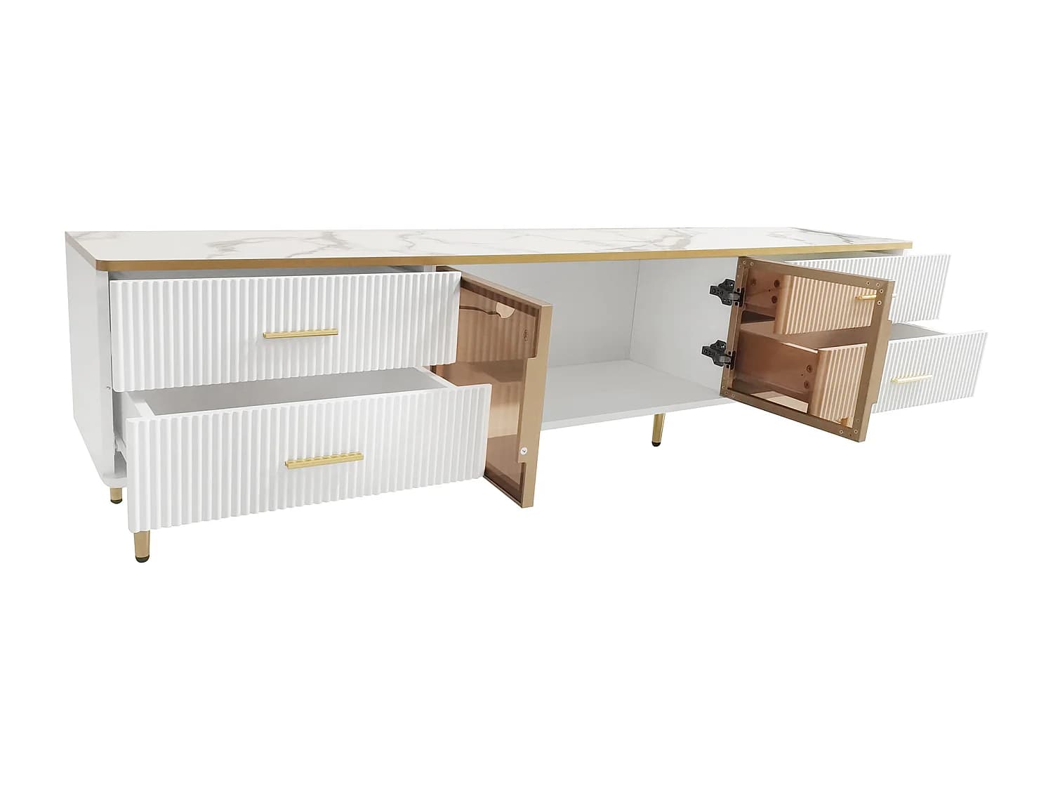 Meuble TV 170x37x47.5 cm, 4 tiroirs, 2 portes en verre trempé brun, LED multicolore, panneaux de particules blanc