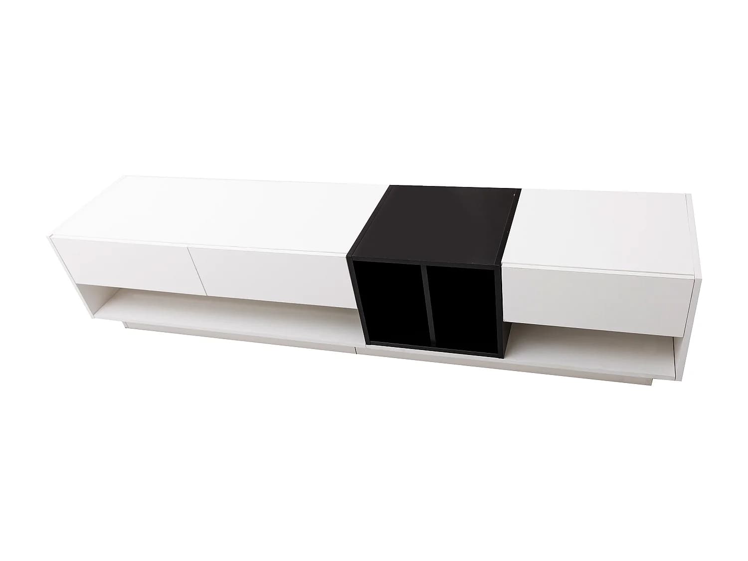 Meuble TV 190x40x42 cm, 3 tiroirs et 2 niches ouvertes, finition brillante, panneaux de particules, blanc et noir