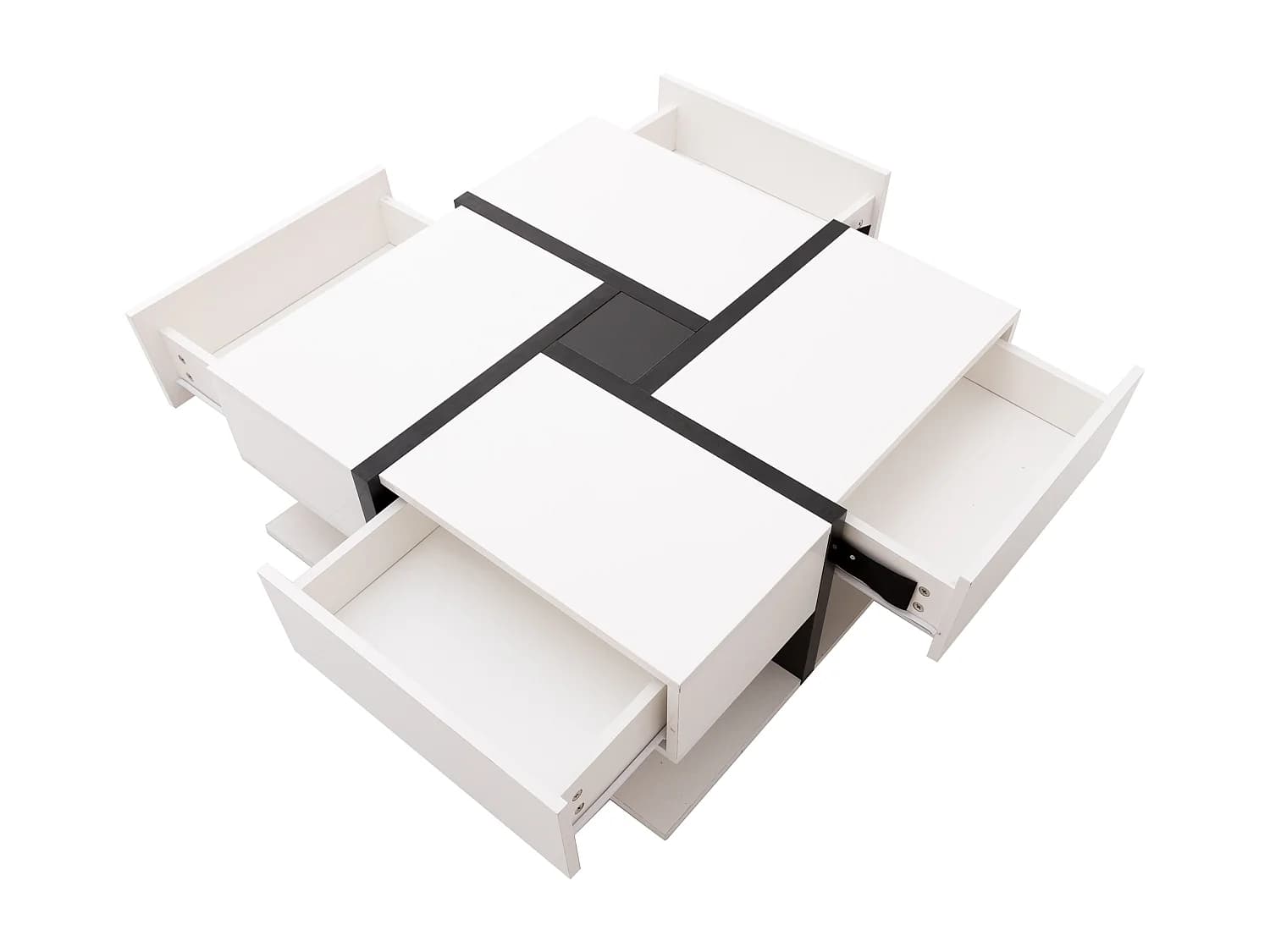Table basse 78x78x36 cm, 4 tiroirs, finition brillante, tablette inférieure, panneau de particules, blanc et noir