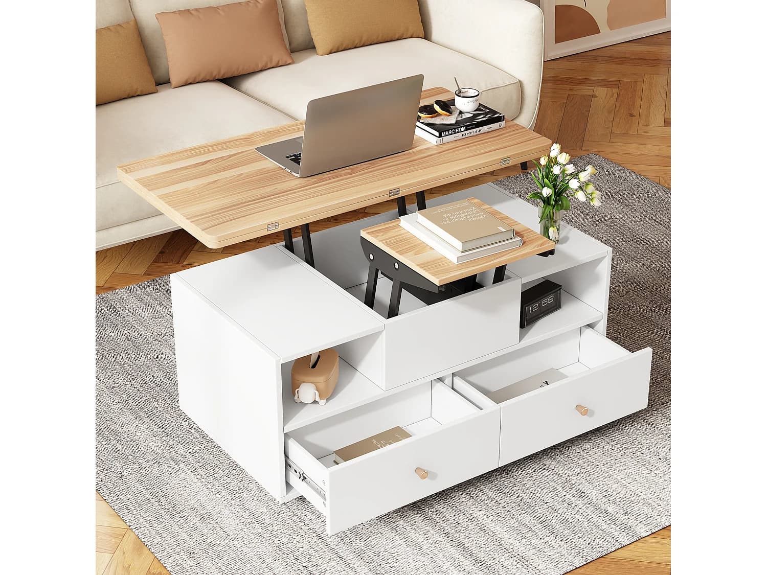 Table basse 100x50x47.5cm style scandinave, fonction relevable et roulettes, MDF, séjour, Bois naturel