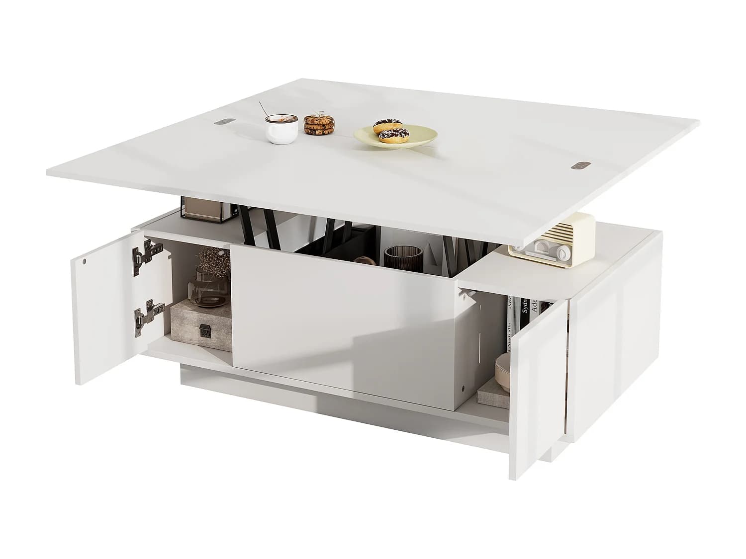 Table basse 100x50x43 cm, double plateau relevable, rangement caché avec 2 portes, panneaux de particules, blanc