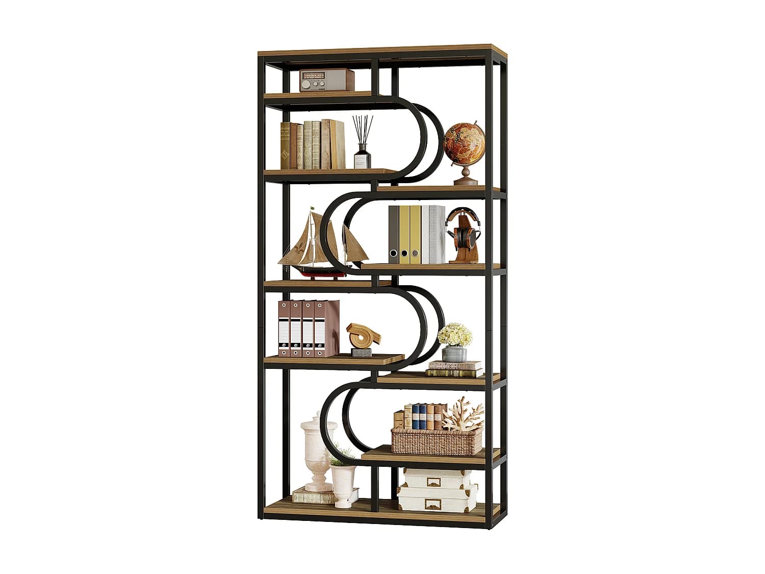 Bibliothèque industrielle à 5 niveaux, étagère autoportante de 181 cm de haut avec structure métallique robuste.