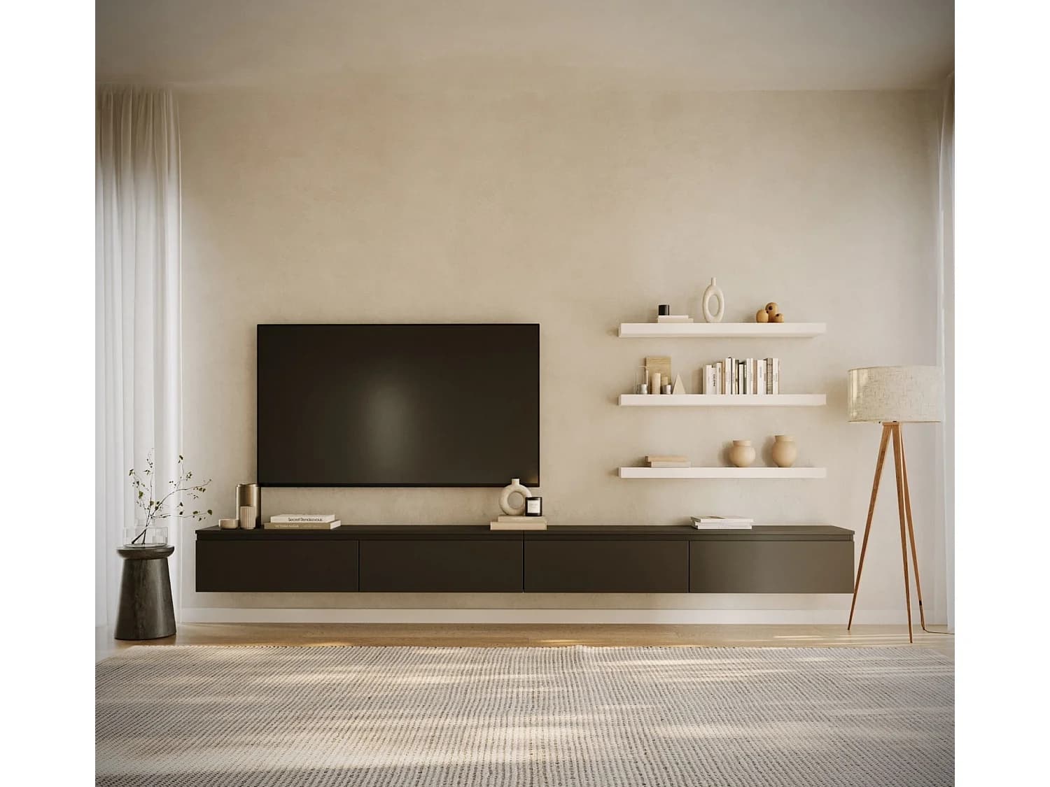 Meuble TV mural à 4 abattants – noir – 300 cm – BEMMI