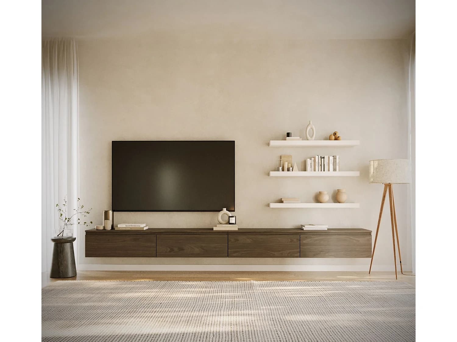 Meuble TV mural à 4 abattants – aspect bois noyer – 300 cm – BEMMI