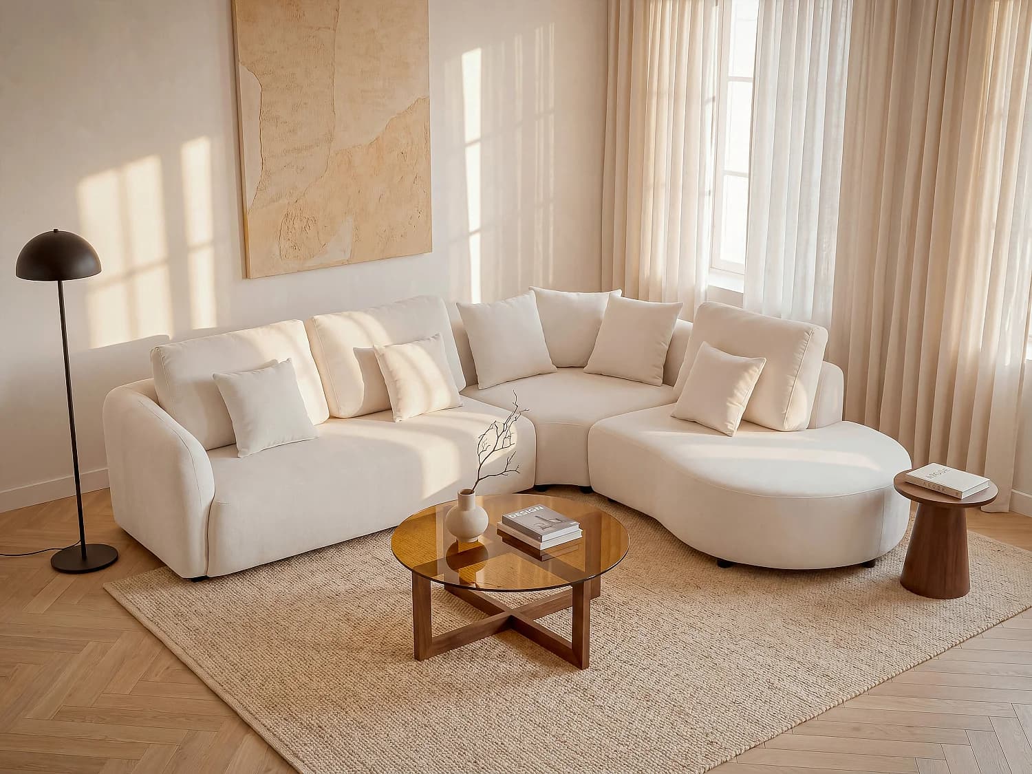 Canapé d'angle gauche en tissu texturé blanc cassé LOMESI