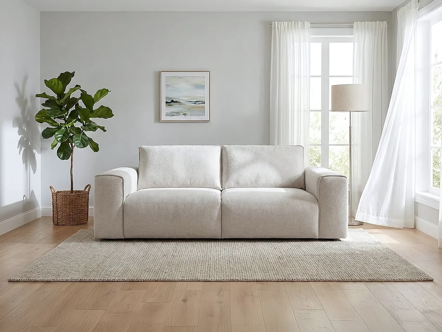 Canapé 3 places convertible express en tissu texturé beige - Couchage 140 cm - Matelas 16 cm mémoire de forme POGLO
