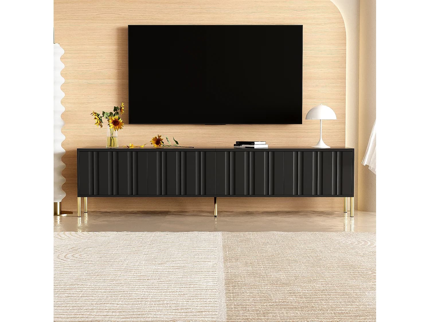 Meuble TV avec 4 portes - 190 x 38 x 48 cm - Bois MDF et panneaux de particules - Noir