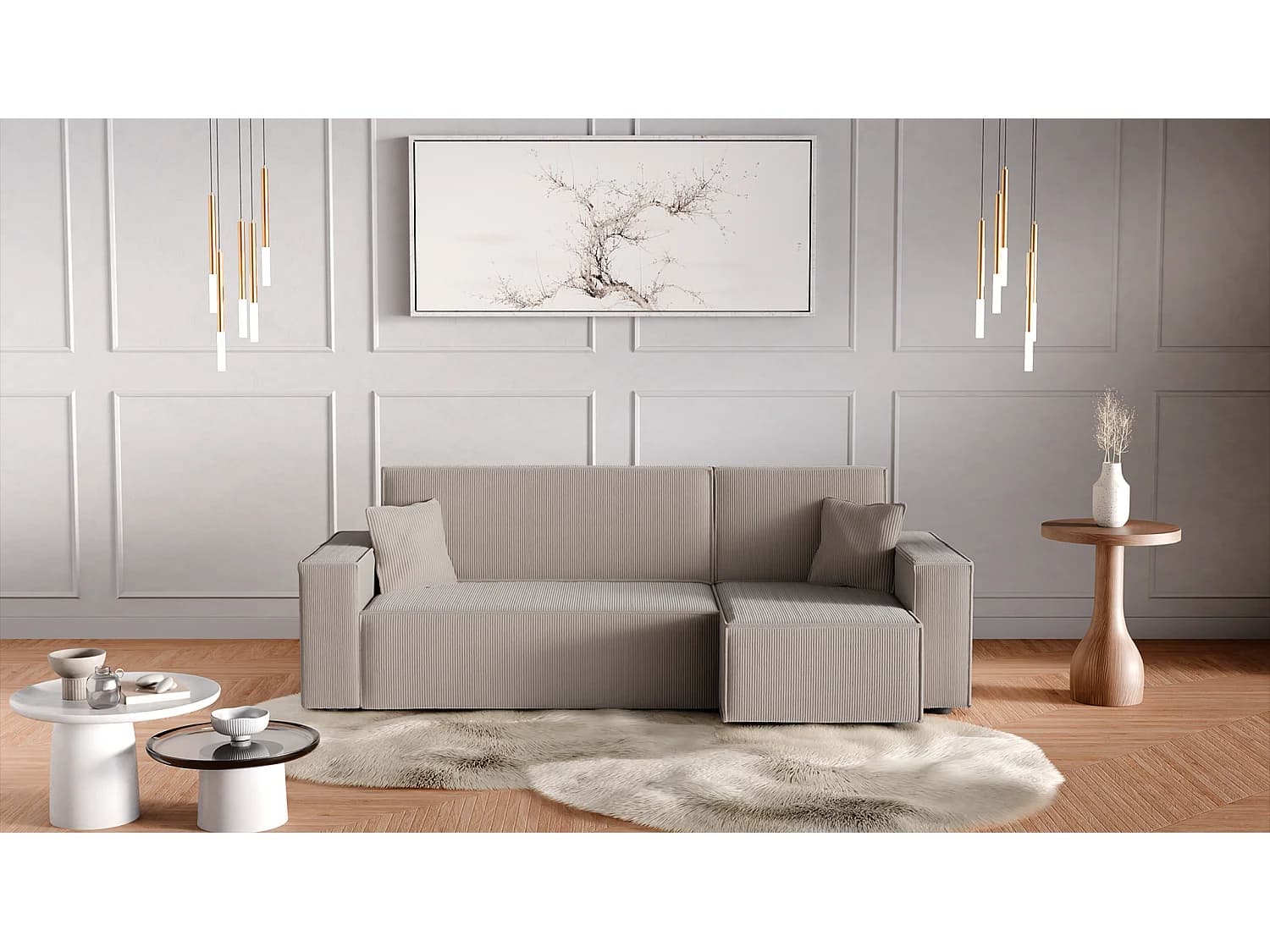 Canapé d'Angle convertible en velours côtelé cappuccino beige Karl L PREMIUM