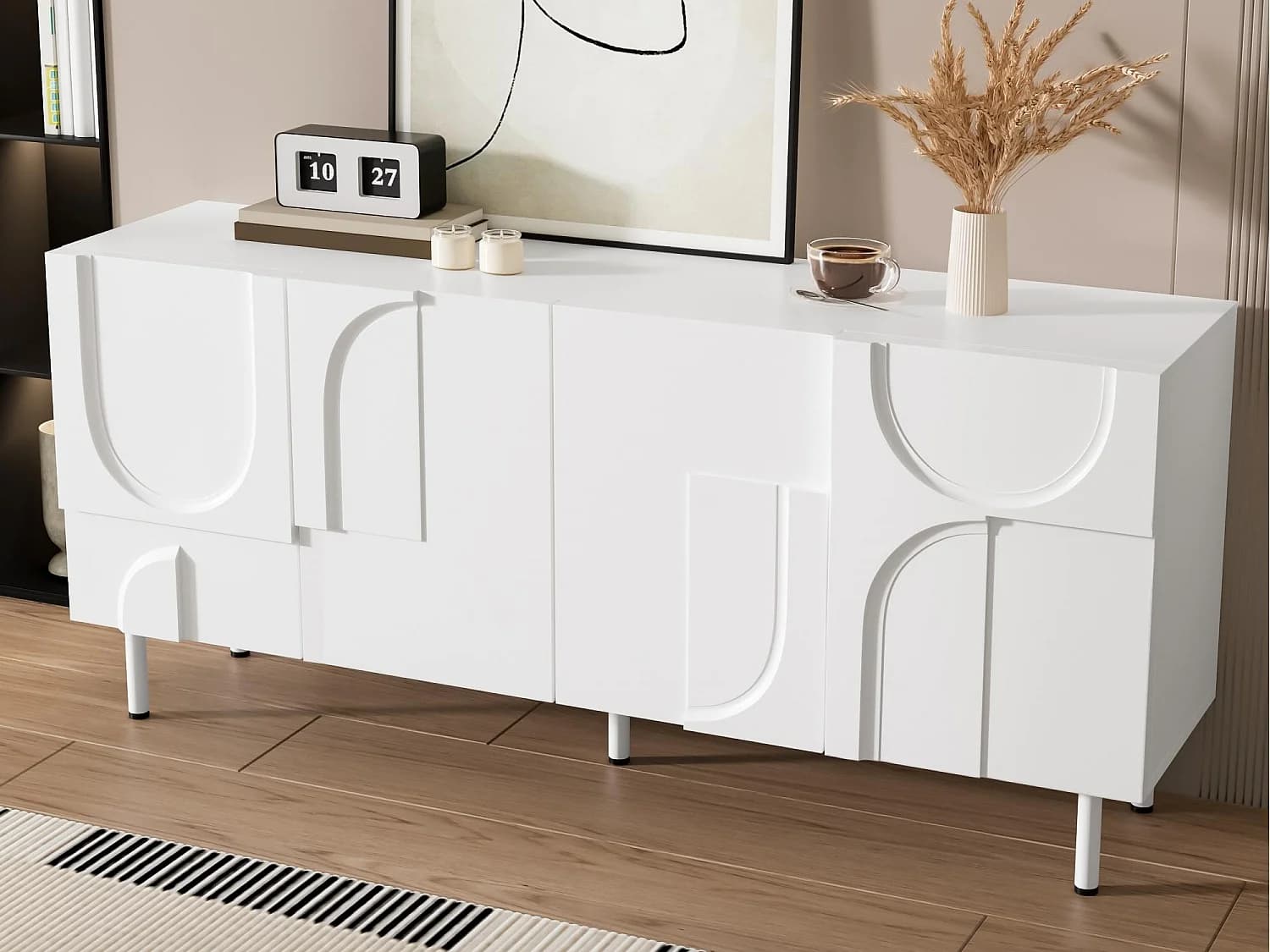 Buffet moderne 160x38,5x70 cm - 4 portes - Pieds en métal - MDF + panneaux de particules - Blanc