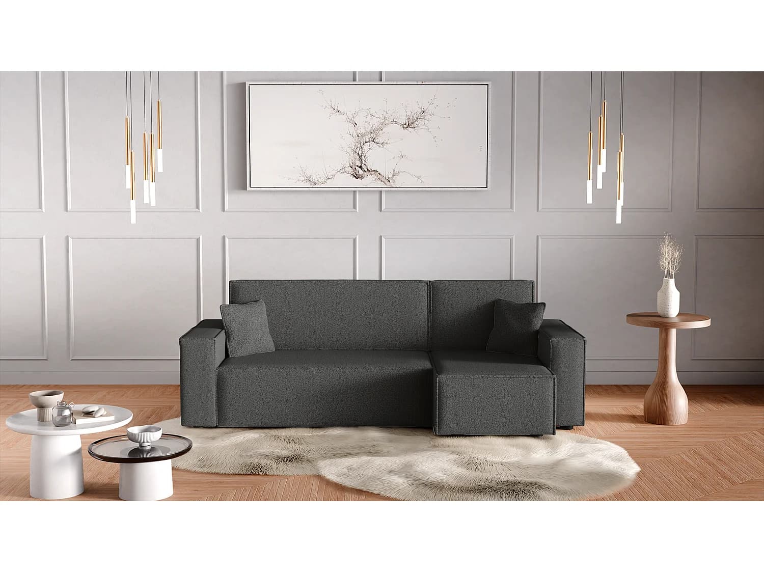 Canapé d'Angle convertible avec fonction de couchage tissu boucle Anthracite Karl L du fabricant