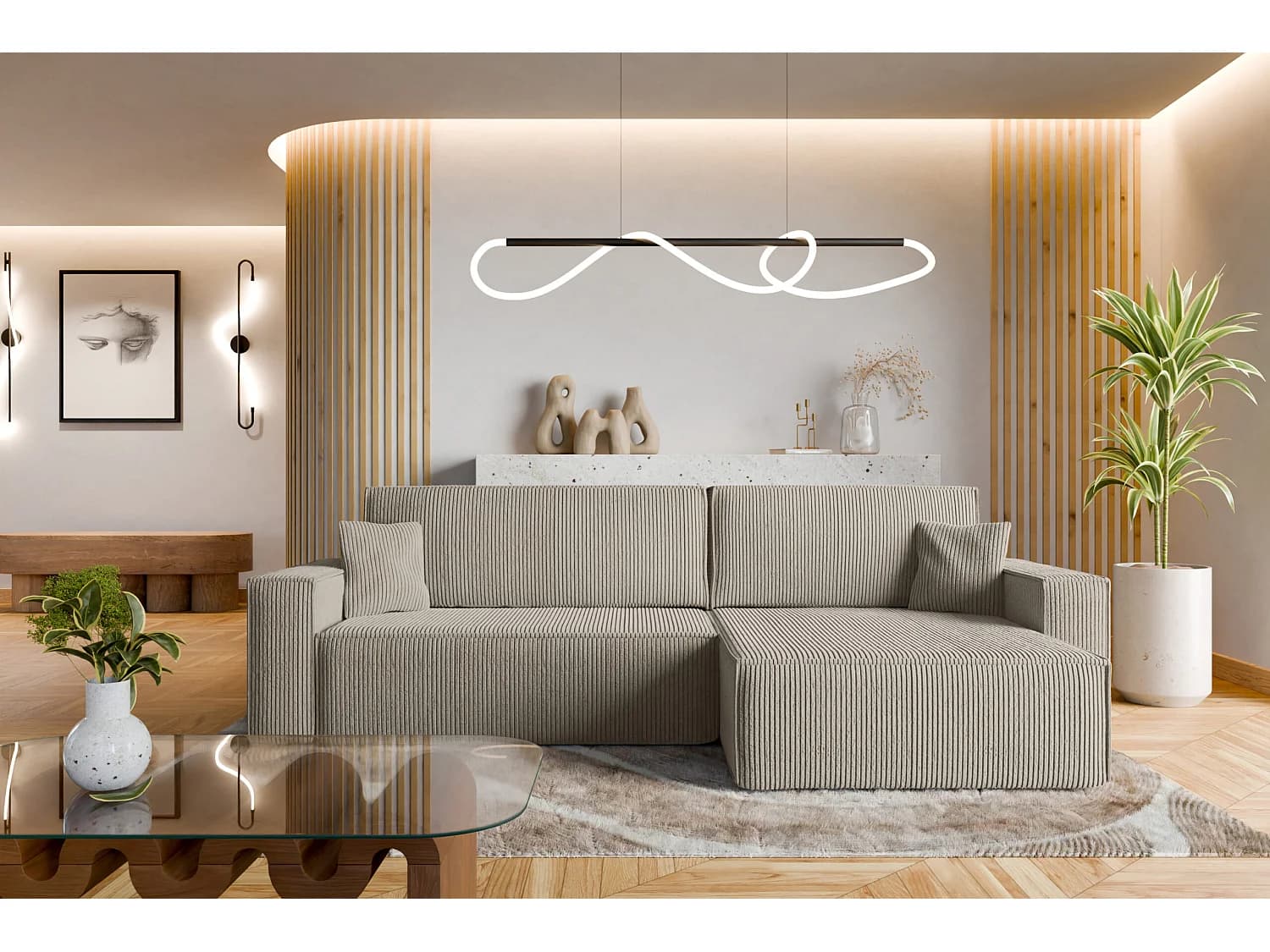 Canapé d'Angle convertible en velours côtelé beige Karl XL PREMIUM