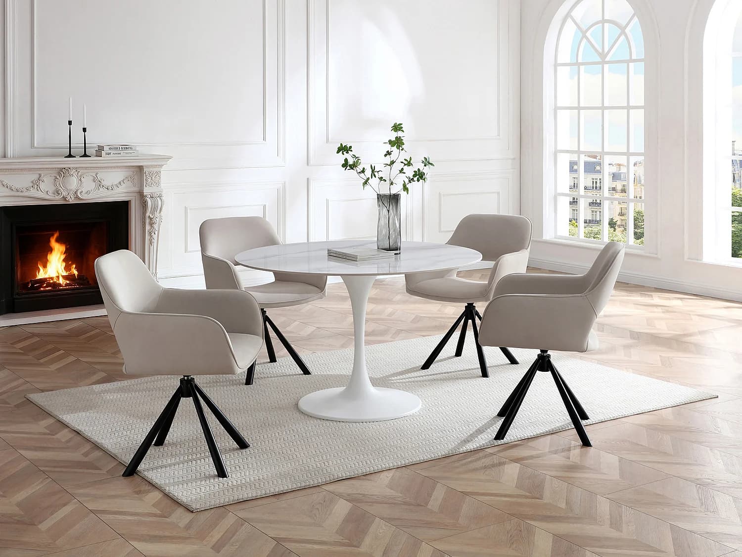 Table à manger 4 personnes en céramique et métal - Effet marbre blanc - DYNARO