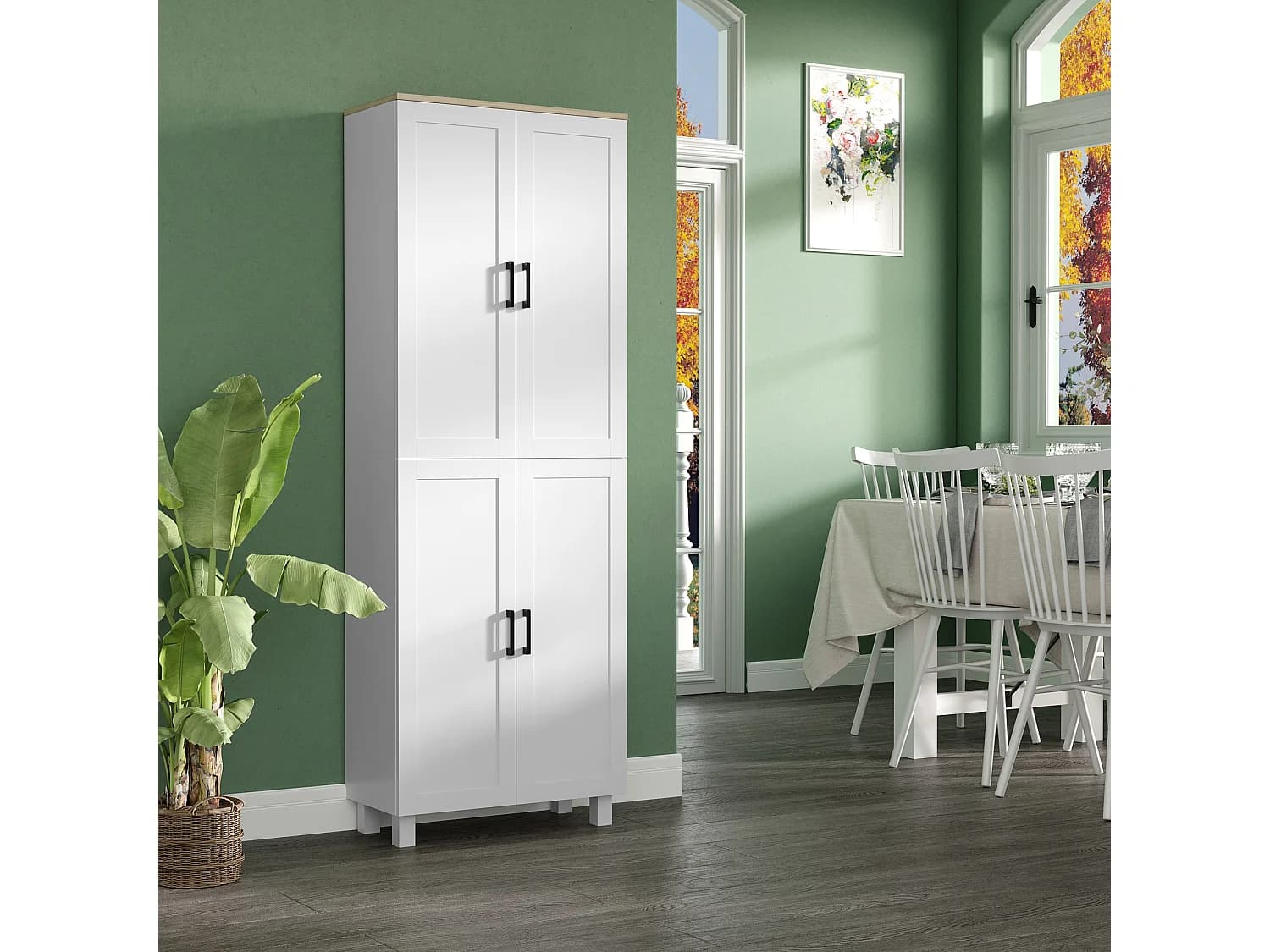Buffet haut - armoire de cuisine - 5 étagères - poignées métal noir effet bois clair blanc