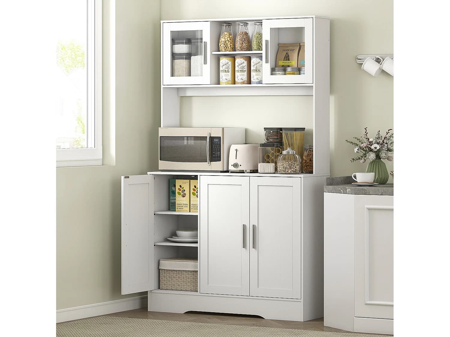 Buffet haut cuisine - vaisselier vitrine 4 portes, 3 étagères, 2+1 niches - blanc