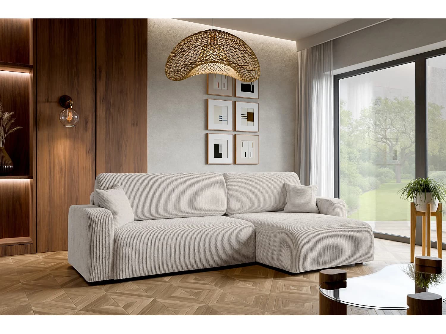 Canapé d'angle convertible en velours côtelé blanc PIANO XL avec coffre et système de dépliage rapide