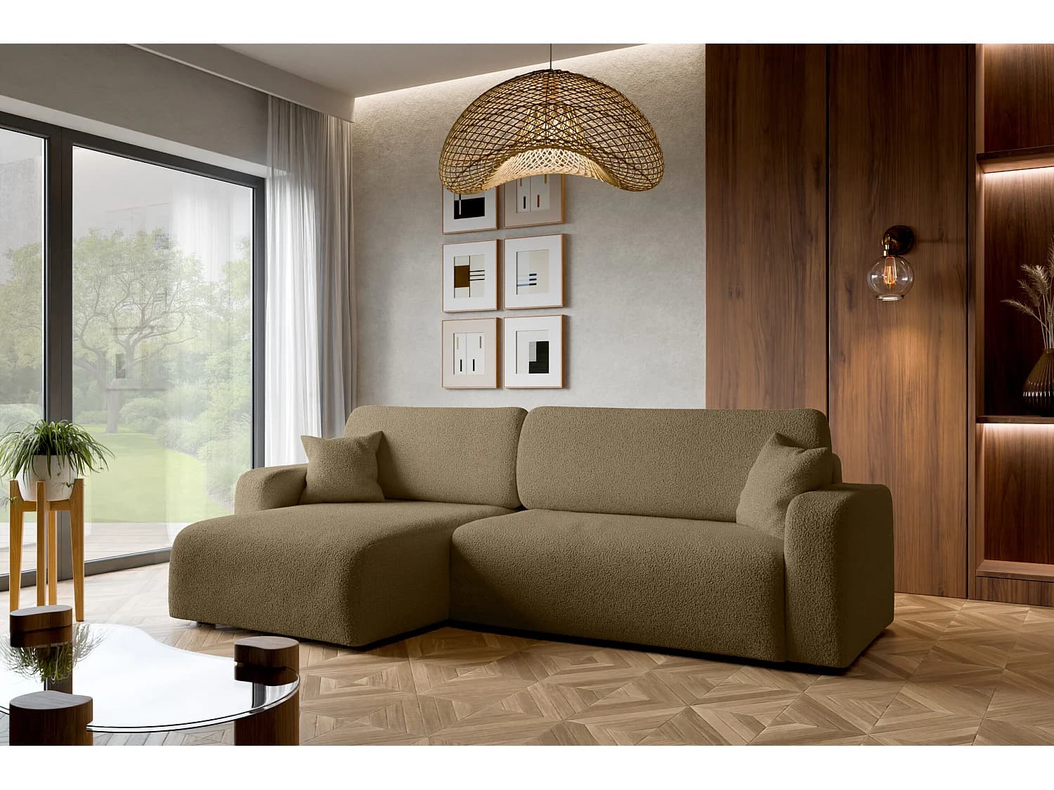 Canapé d'angle convertible en tissu bukle brun PIANO XL avec coffre et système de dépliage rapide