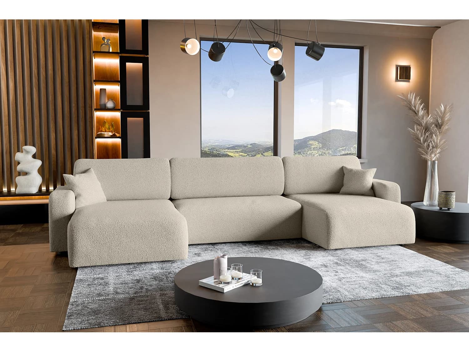 Canapé d'angle convertible en tissu bukle beige PIANO U avec coffre et système de dépliage rapide