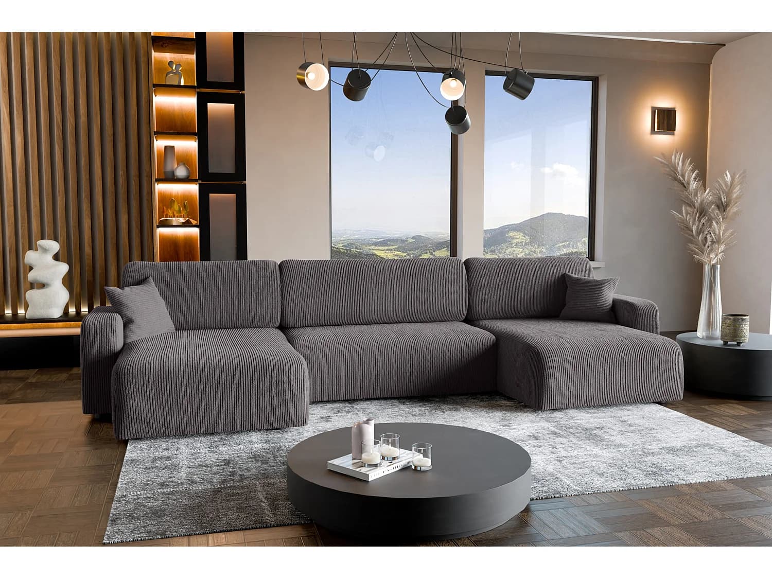 Canapé d'angle convertible en velours côtelé gris PIANO U avec coffre et système de dépliage rapide