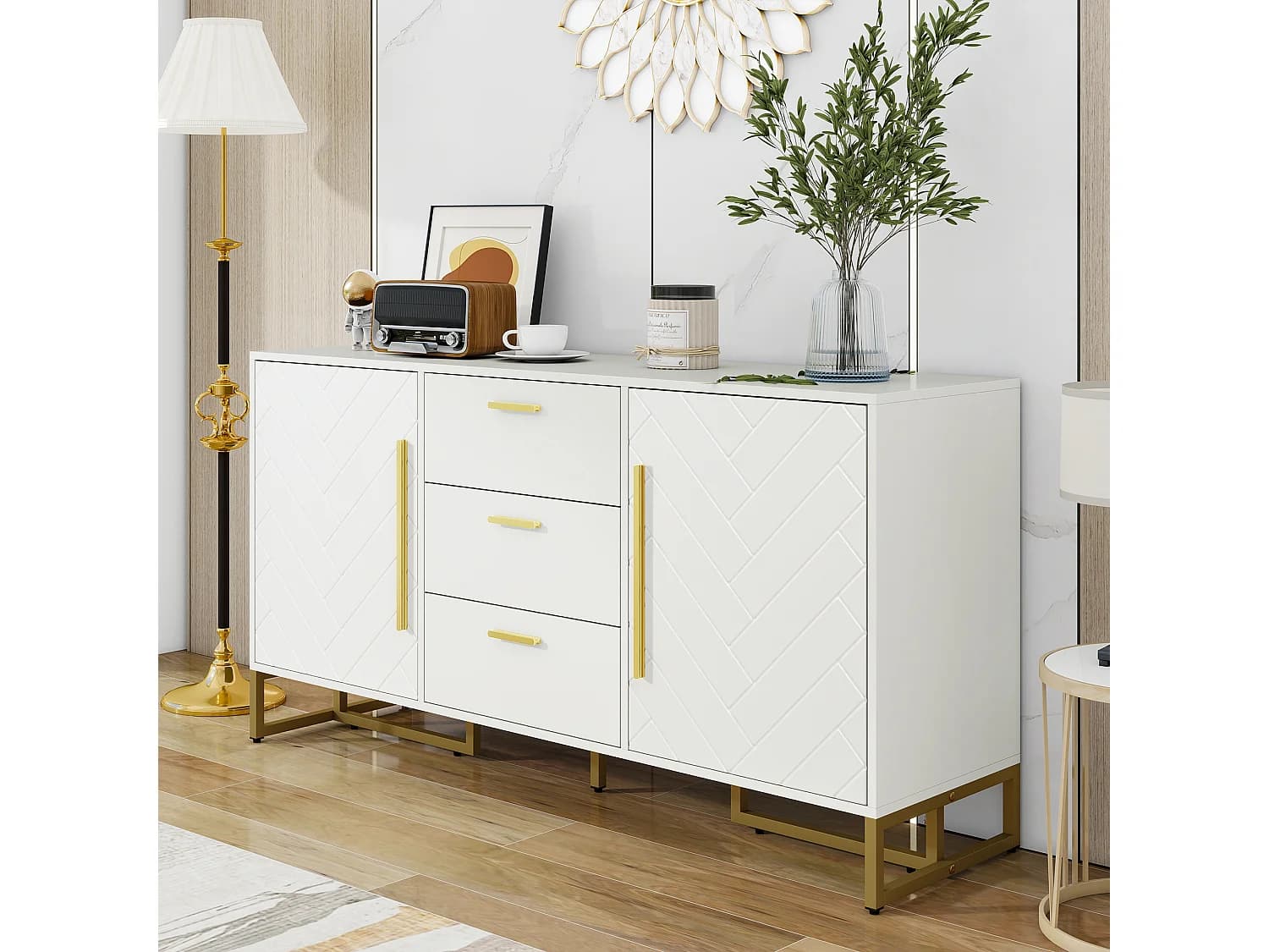 Buffet élégant à motif chevrons - 145 x 40 x 75 cm - avec 2 portes + 3 tiroirs - MDF - blanc